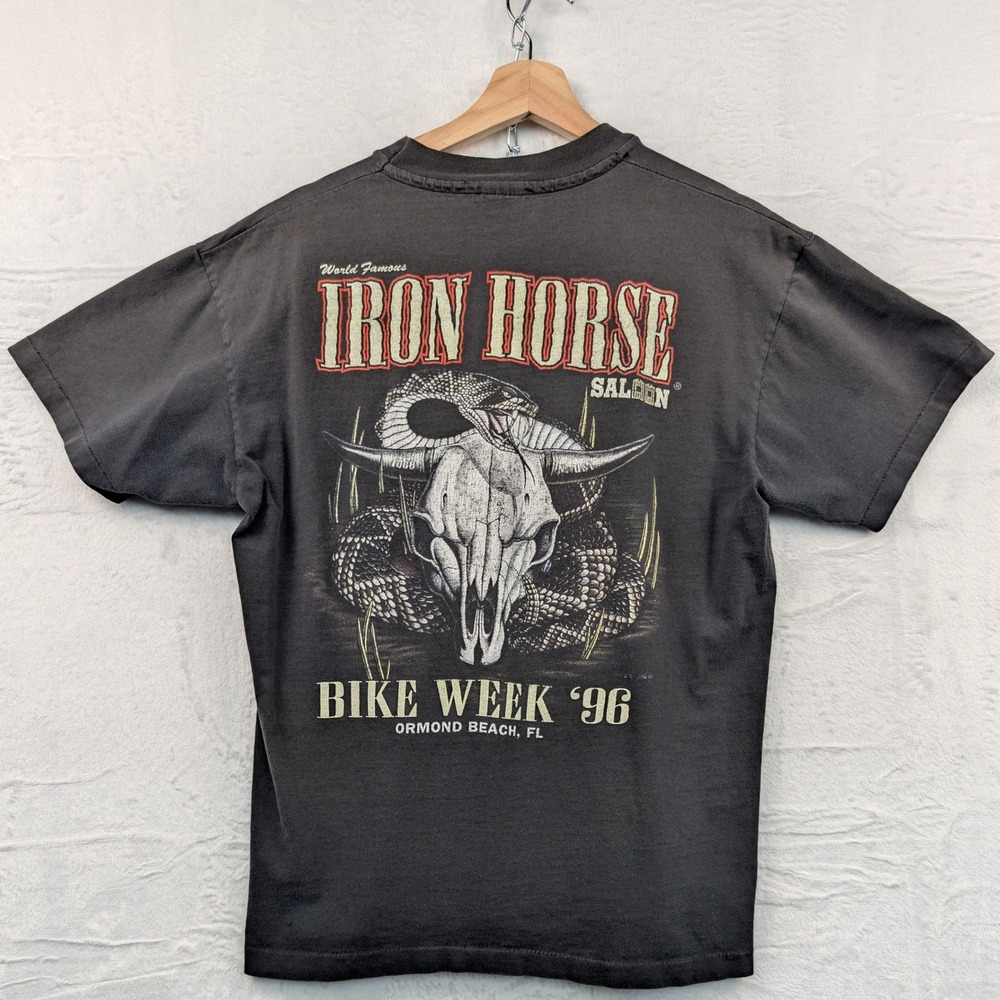 VTG Anvil T-Shirt Men's Large Black Iron Horse Saloon Bike Week 96 Biker USA 90s